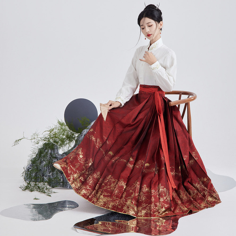 Original Luodian & Silver Thread New Chinese Mamianqun Skirt Set, Daily Commute Ming Hanfu