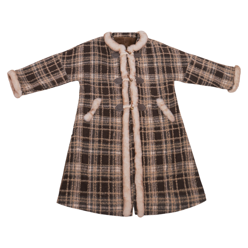 Dreamlike Black Sugar Half-Sleeve Ming-Style Round-Neck Long Jacket & Song-Style Pants, Fleece-Lined Wool Blend, Fall/Winter, Everyday & Workwear, Plaid Pockets