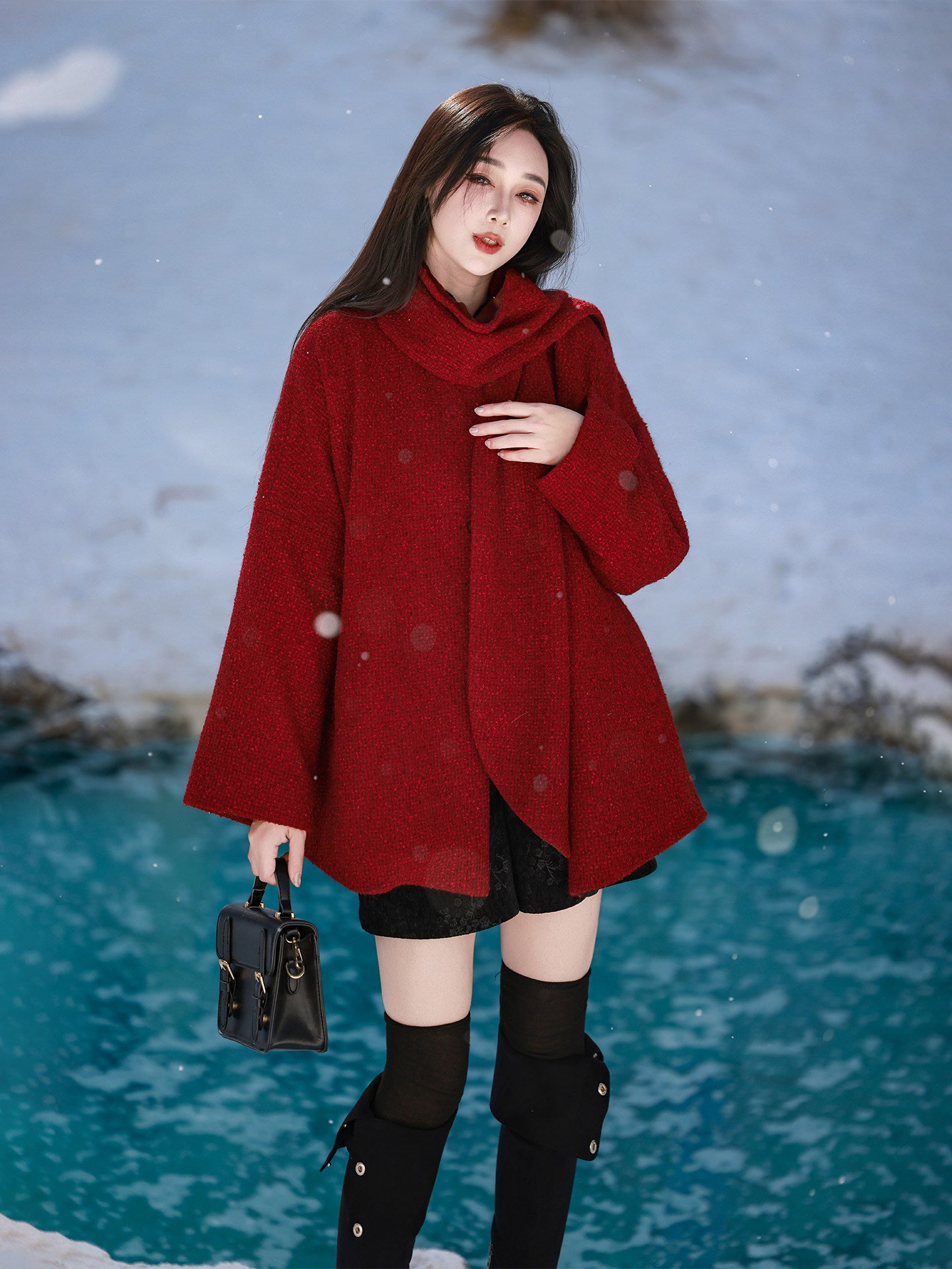 Nimeng [Coral Ode] Modified Tang Round Collar Short Jacket, Han-Inspired Chinese Shorts, Mamian Skirt, Autumn/Winter Daily Red