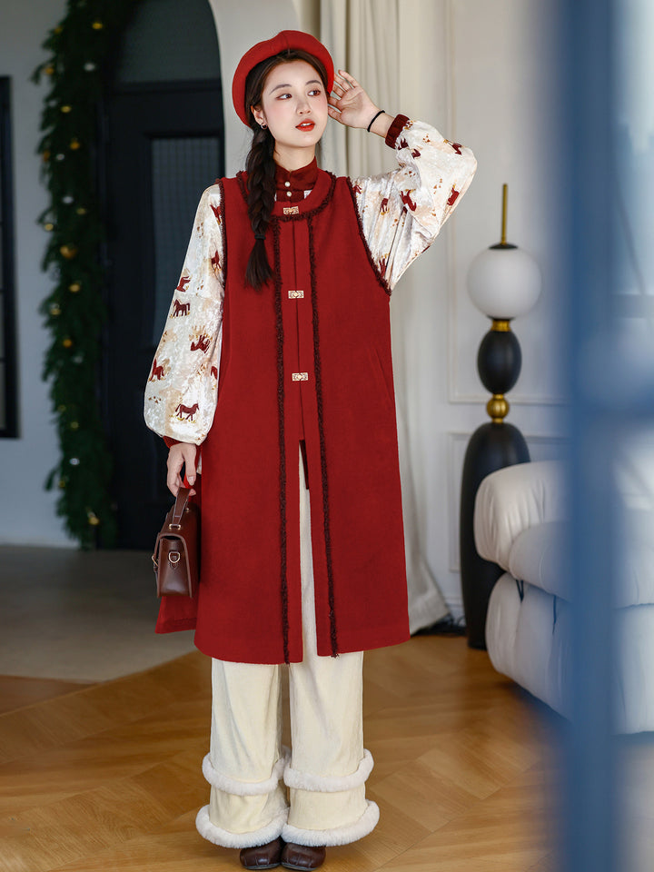 NI MENG [Fortune Horse] Original Han-style Chinese New Year Set, Modified Ming Hanfu Long Bijia, Daily