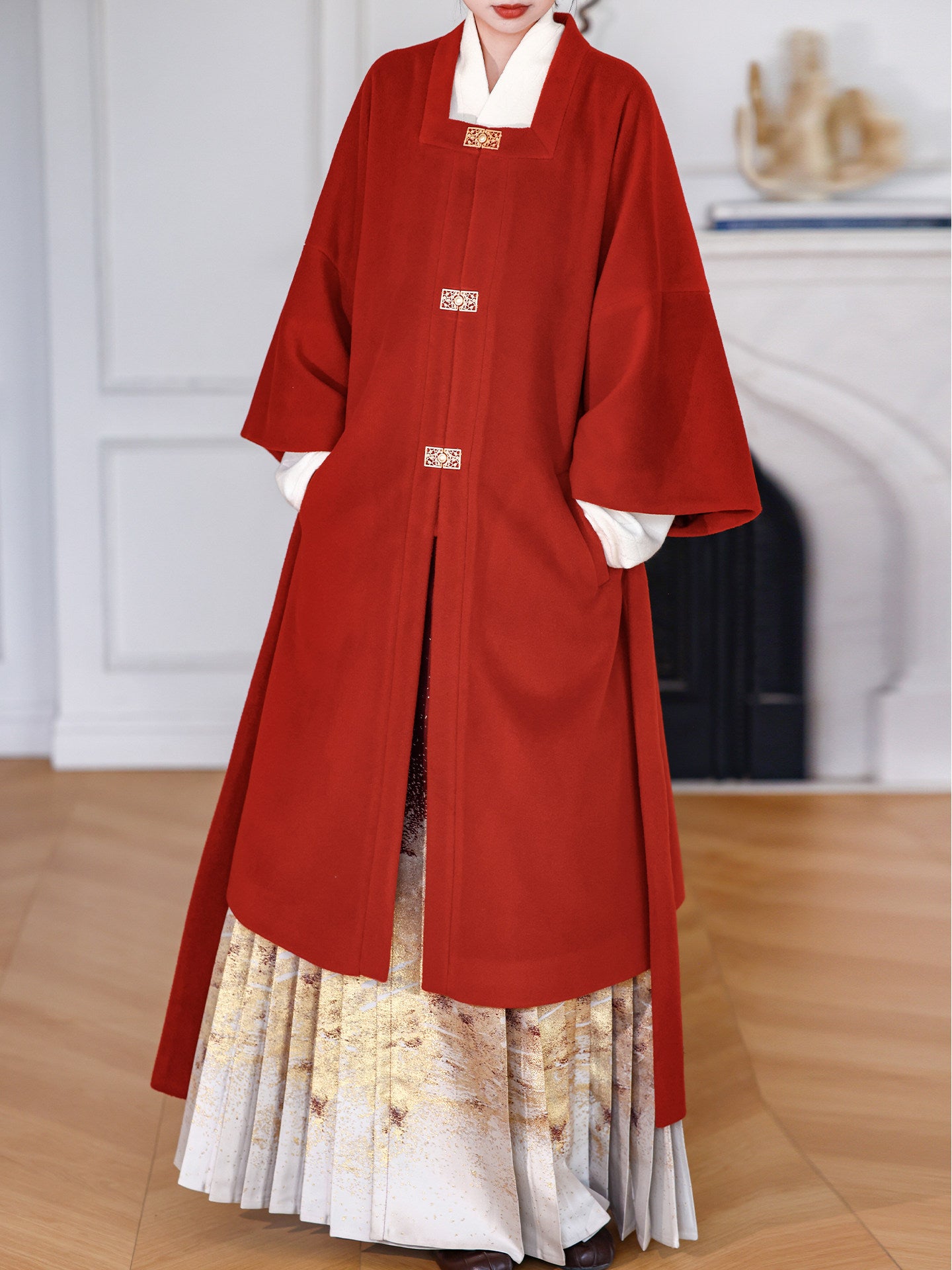 NIMENG "Fortune From All Directions" Original Ming Hanfu Modified Square Collar Long Jacket w/ Pockets, Chinese Coat, A/W