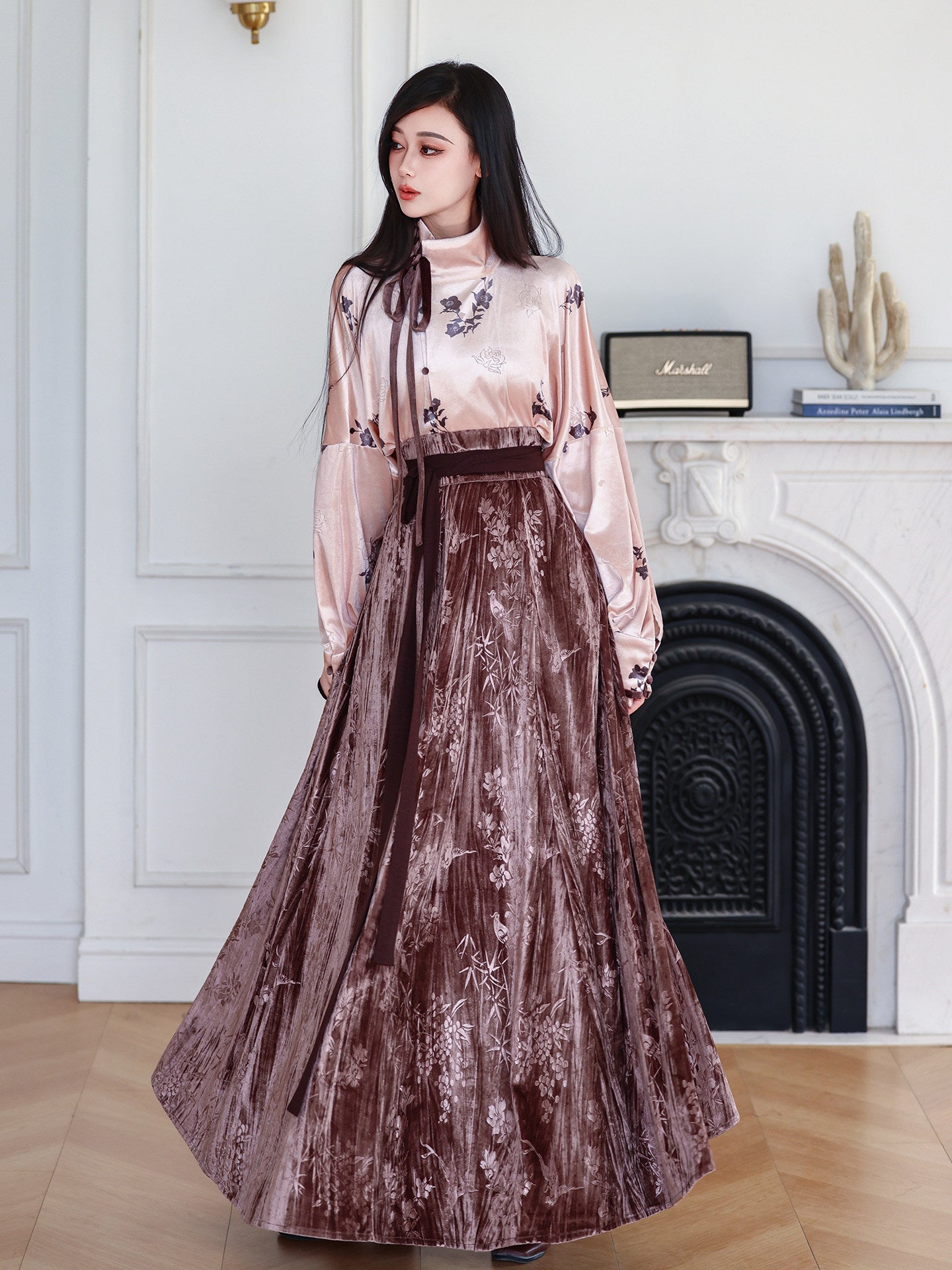 Nimeng [Flower Shadow] original Tang Hanfu velvet paneled skirt & Han-style high neck shirt, soft daily spring & autumn