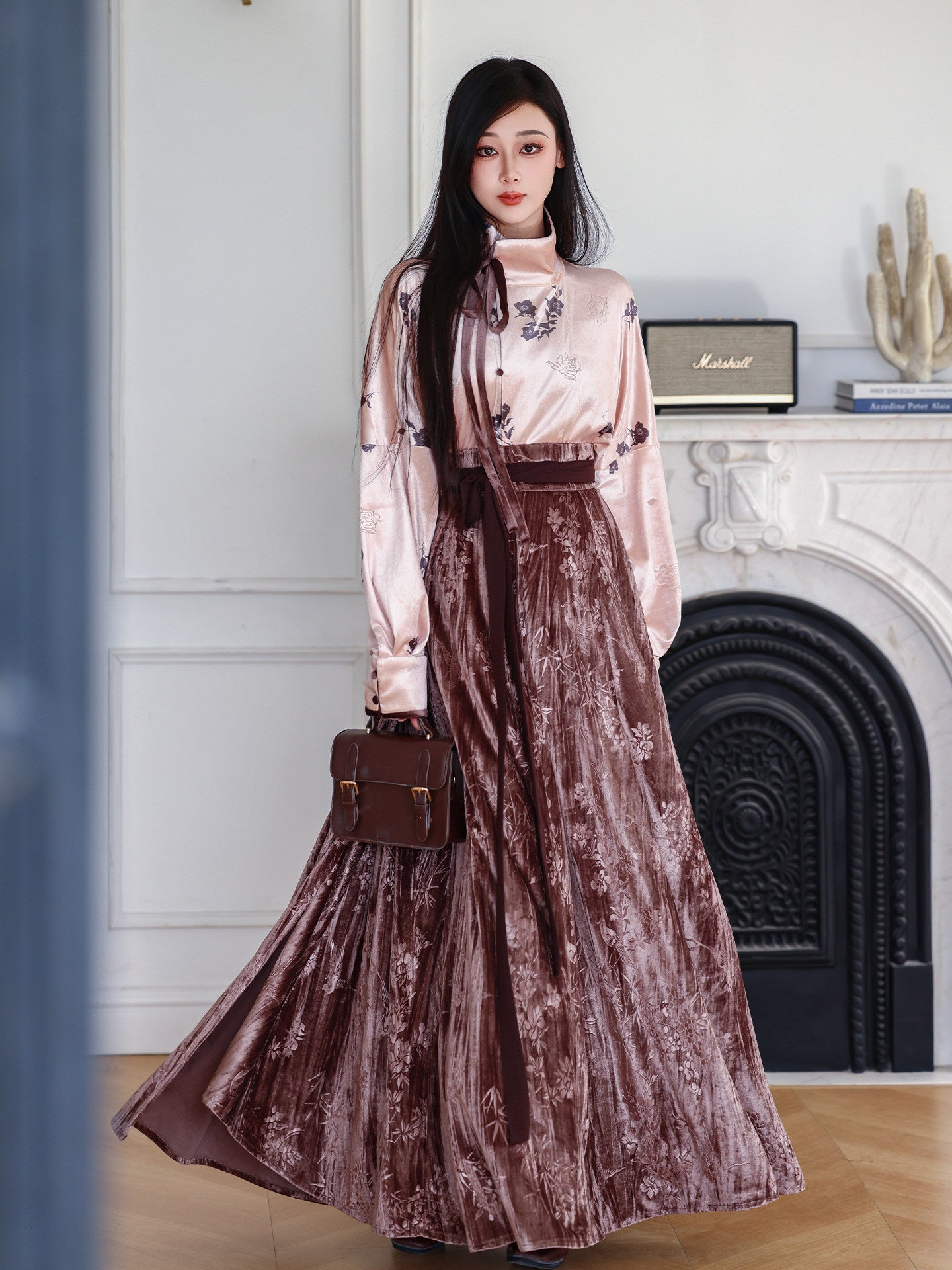 Nimeng [Flower Shadow] original Tang Hanfu velvet paneled skirt & Han-style high neck shirt, soft daily spring & autumn