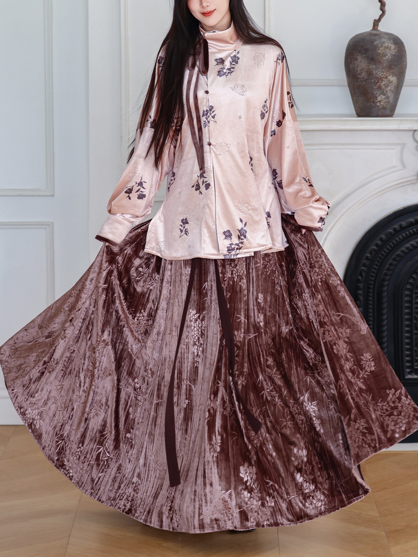 Nimeng [Flower Shadow] original Tang Hanfu velvet paneled skirt & Han-style high neck shirt, soft daily spring & autumn