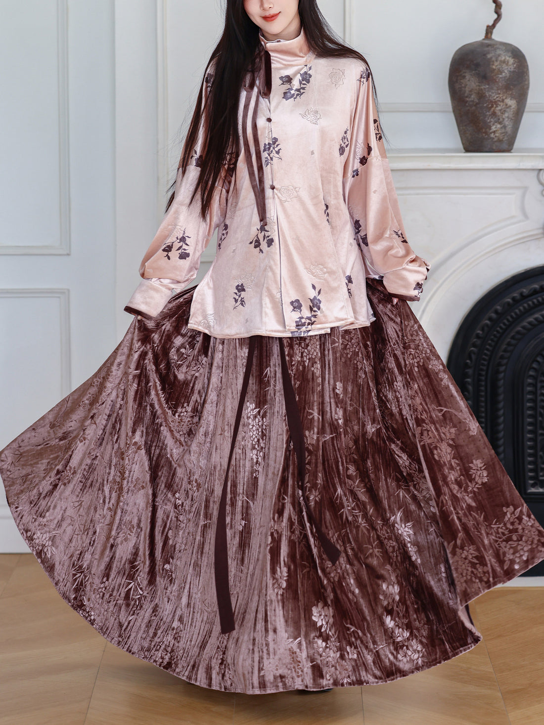 Nimeng [Flower Shadow] original Tang Hanfu velvet paneled skirt & Han-style high neck shirt, soft daily spring & autumn