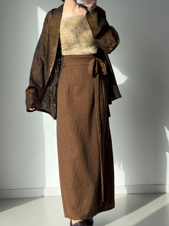 Dark Sleeve Fragrance [Sandalwood] Rayon Iridescent Batwing Sleeve Short Top w/ Darts & Wrap Skirt, Slimming Hanfu, Women's Daily