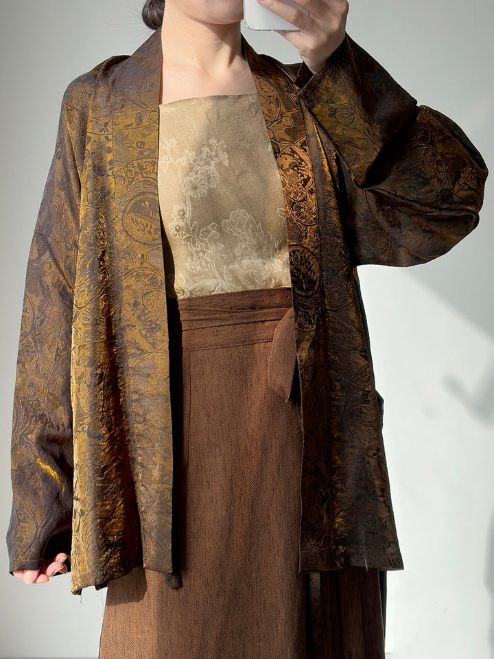 Dark Sleeve Fragrance [Sandalwood] Rayon Iridescent Batwing Sleeve Short Top w/ Darts & Wrap Skirt, Slimming Hanfu, Women's Daily