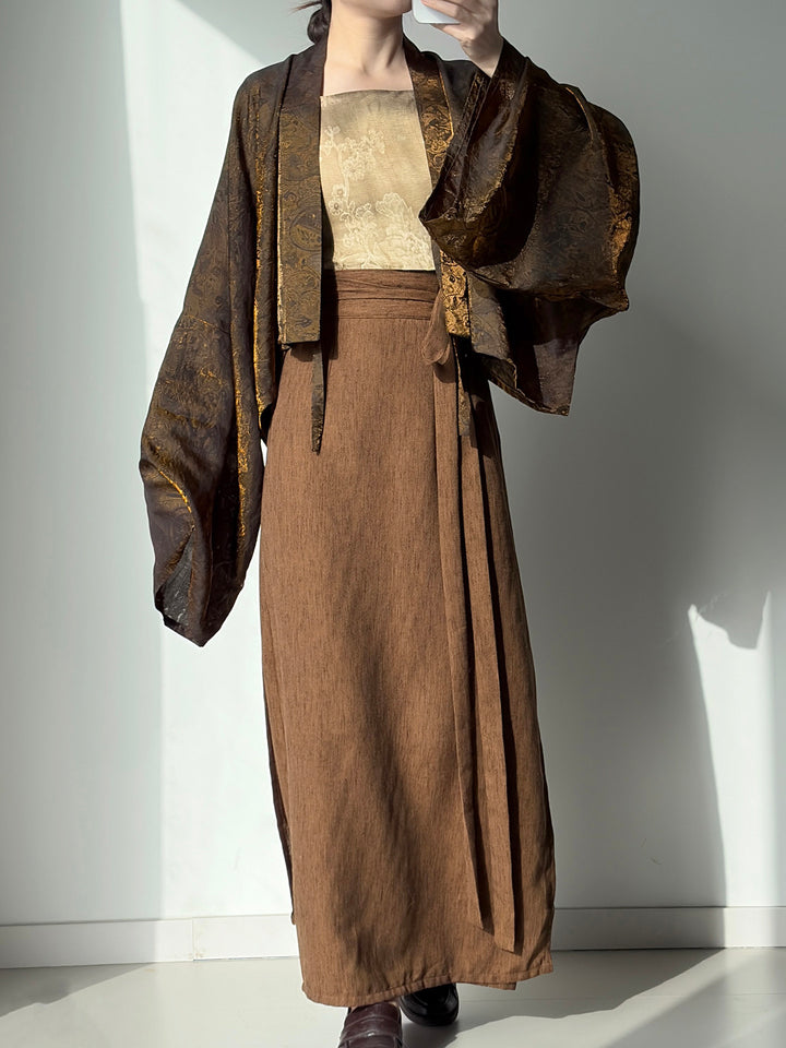 Dark Sleeve Fragrance [Sandalwood] Rayon Shimmer Short Top & Darted Wrap Skirt Slimming Hanfu Daily Commute