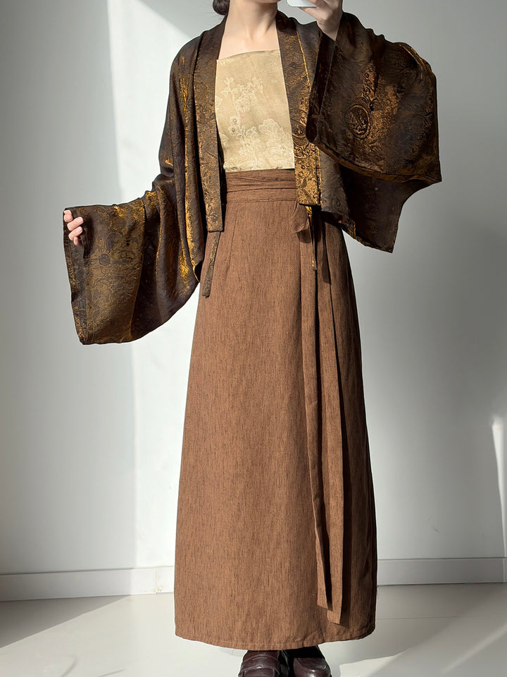 Dark Sleeve Fragrance [Sandalwood] Rayon Shimmer Short Top & Darted Wrap Skirt Slimming Hanfu Daily Commute