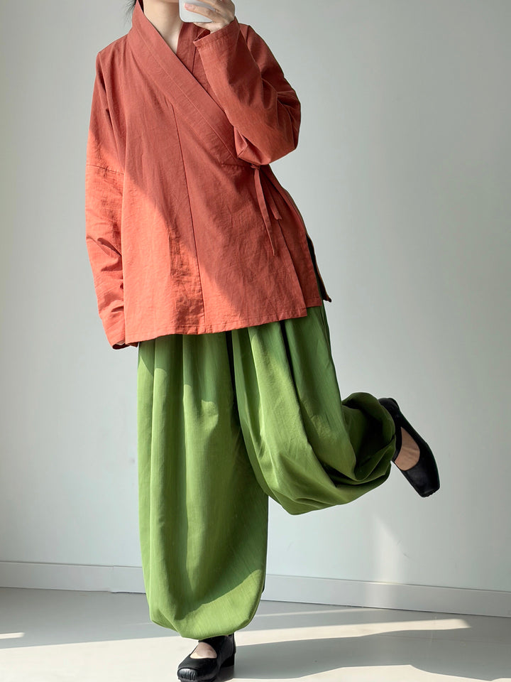 Dark Sleeve Fragrance Ming-style Cross-collar Hanfu Narrow-sleeve Short Top, Solid Cotton, Horizontal Collar, Long Sleeves, Daily Commute & Work