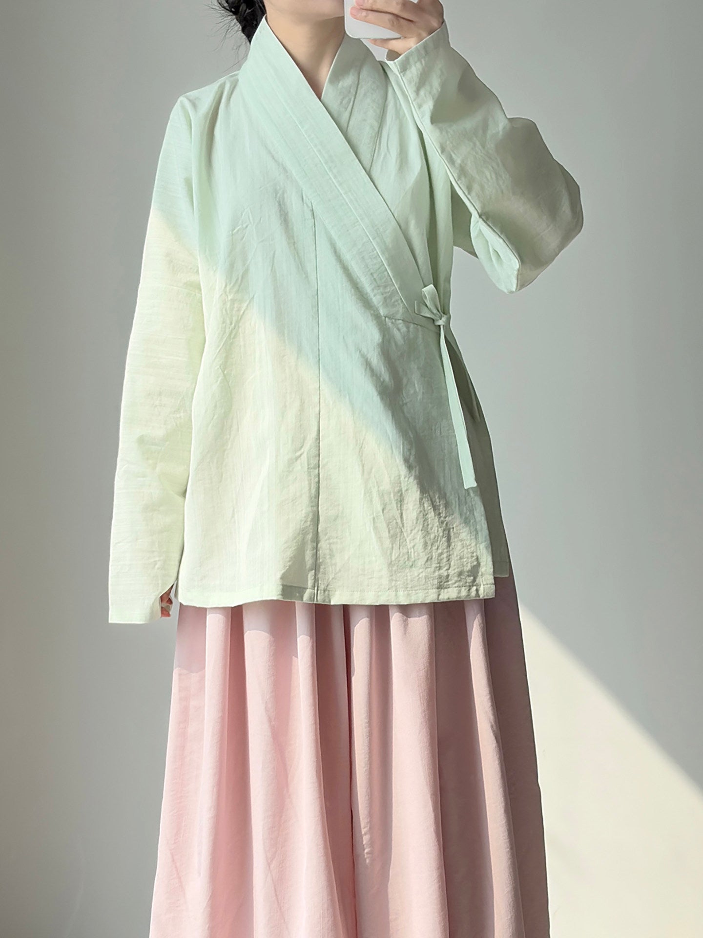 Dark Sleeve Fragrance Ming-style Cross-collar Hanfu Narrow-sleeve Short Top, Solid Cotton, Horizontal Collar, Long Sleeves, Daily Commute & Work