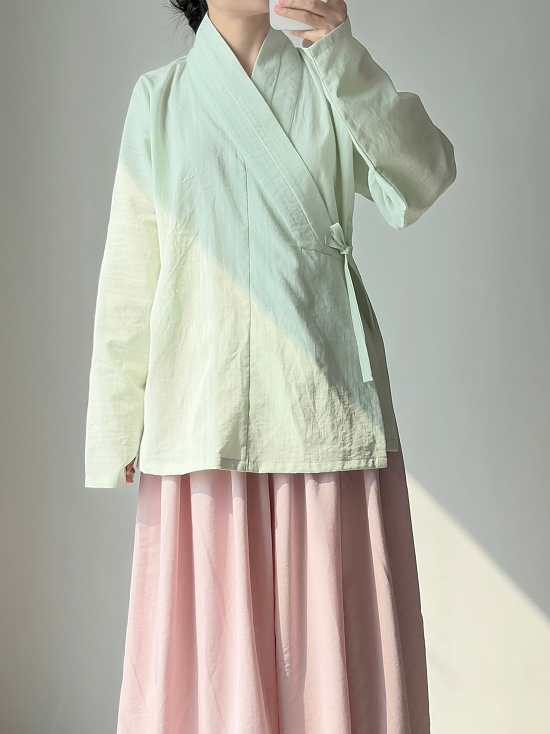 Dark Sleeve Fragrance Ming-style Cross-collar Hanfu Narrow-sleeve Short Top, Solid Cotton, Horizontal Collar, Long Sleeves, Daily Commute & Work