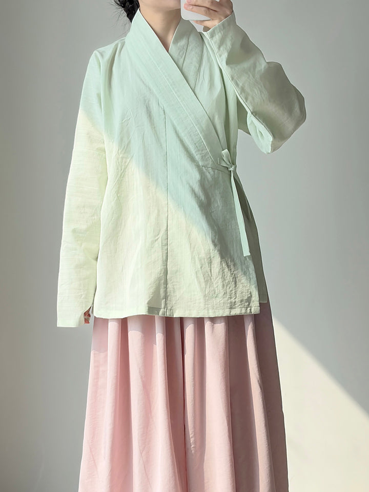 Dark Sleeve Fragrance Ming-style Cross-collar Hanfu Narrow-sleeve Short Top, Solid Cotton, Horizontal Collar, Long Sleeves, Daily Commute & Work