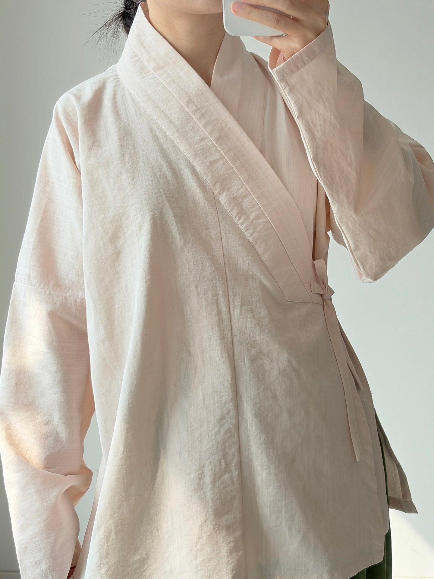 Dark Sleeve Fragrance Ming-style Cross-collar Hanfu Narrow-sleeve Short Top, Solid Cotton, Horizontal Collar, Long Sleeves, Daily Commute & Work