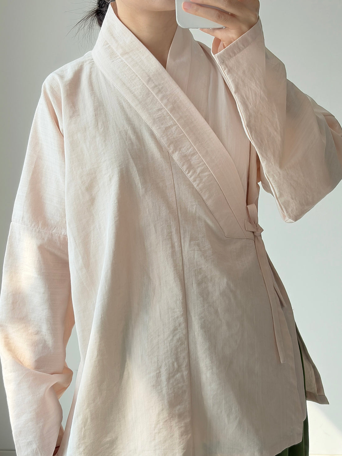 Dark Sleeve Fragrance Ming-style Cross-collar Hanfu Narrow-sleeve Short Top, Solid Cotton, Horizontal Collar, Long Sleeves, Daily Commute & Work