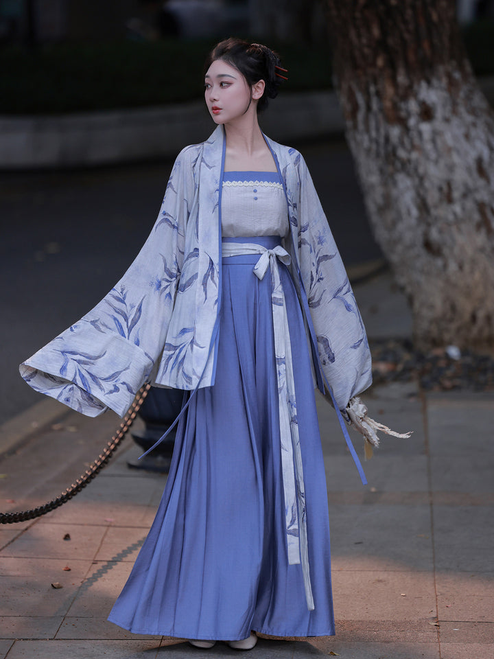 Zhi Nan Dreamlike Original Viscose Pleated Top & Elastic Waist Song-Style Pants Set, Commute & Daily, Blue