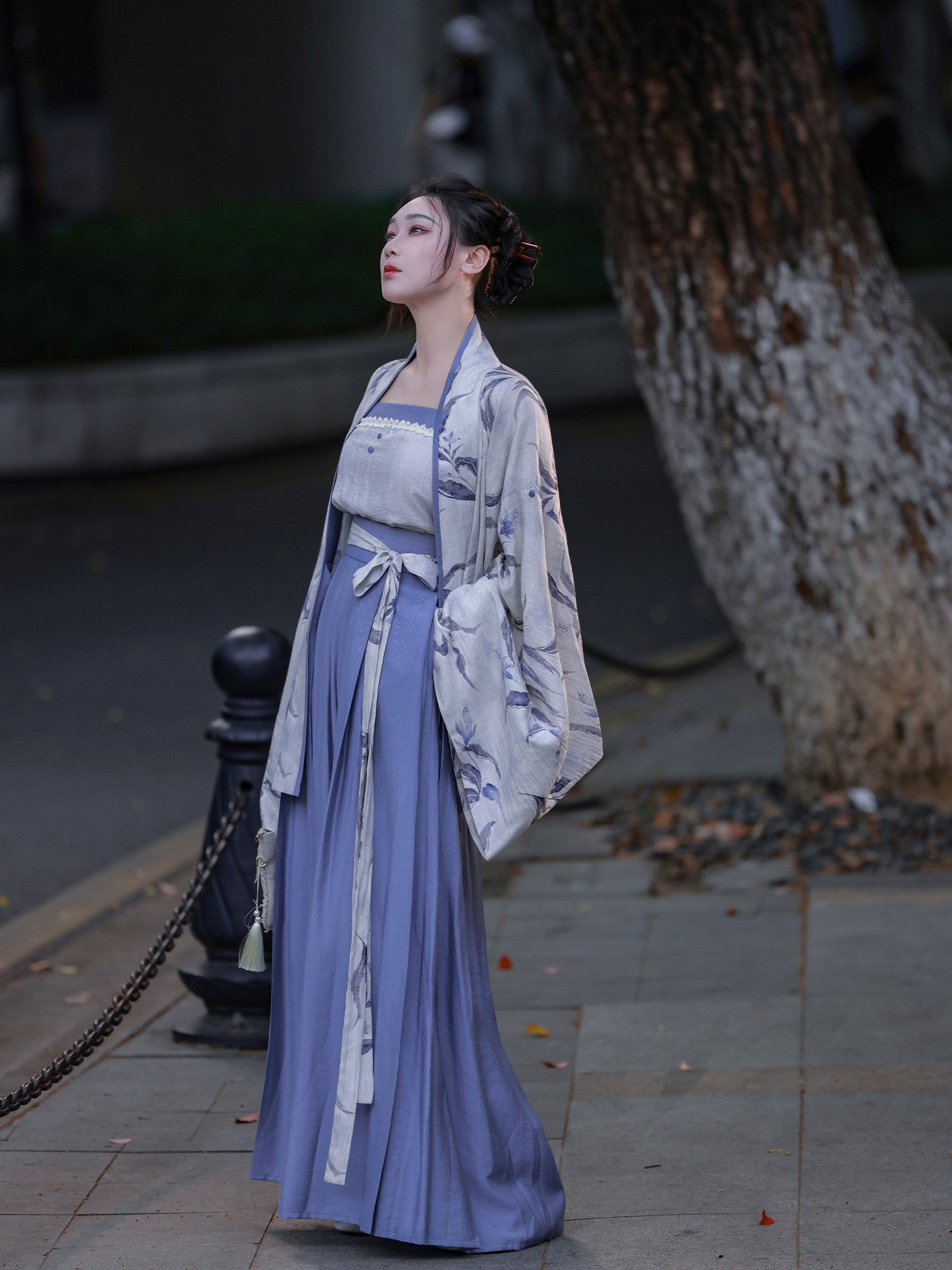 Zhi Nan Dreamlike Original Viscose Pleated Top & Elastic Waist Song-Style Pants Set, Commute & Daily, Blue