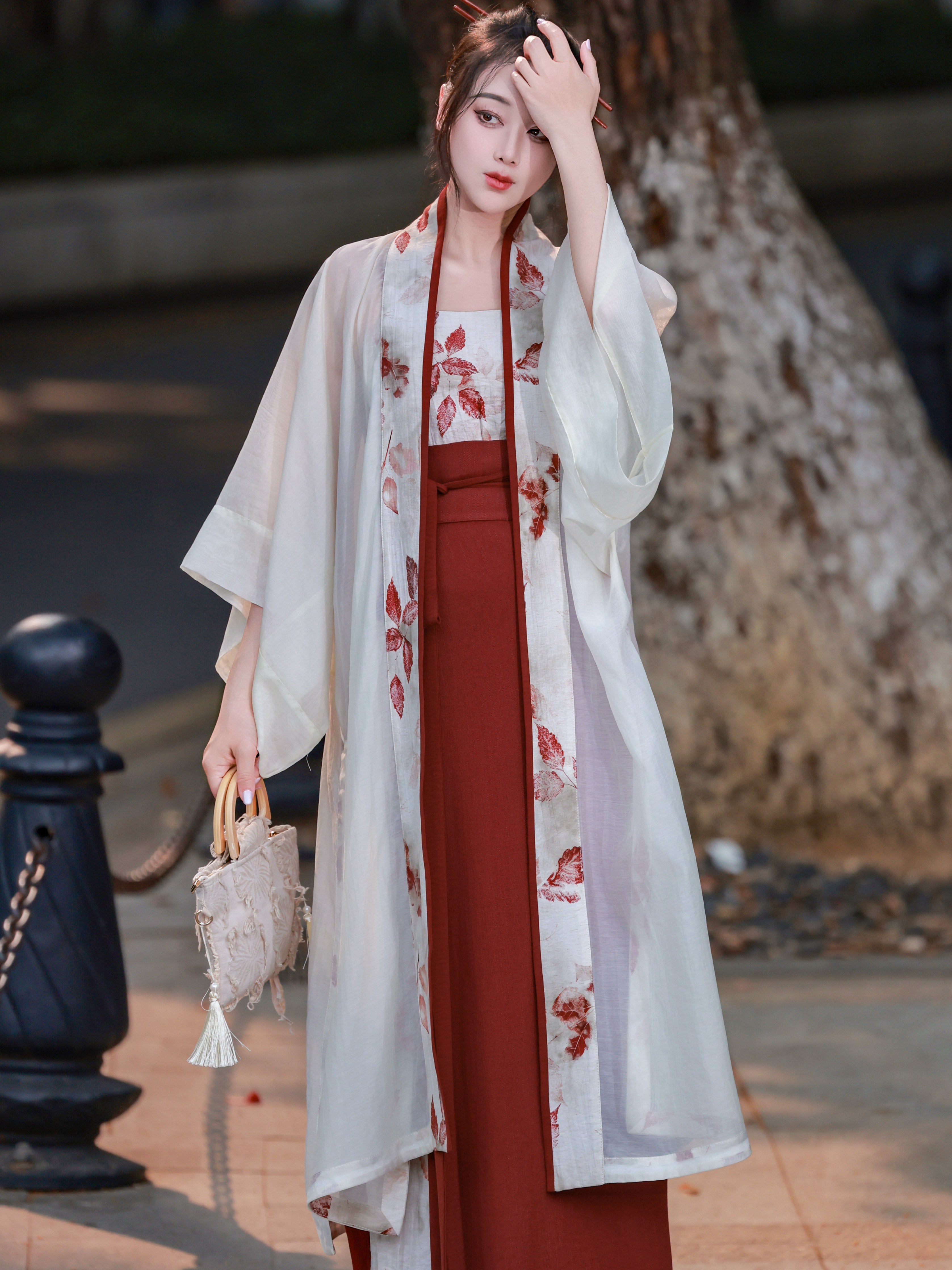 [Red Leaf] Dreamlike Orig. Song Hanfu Set - Changgan Temple-style Long Shirt & Darted Wrap Skirt, Modern Daily Bright Set