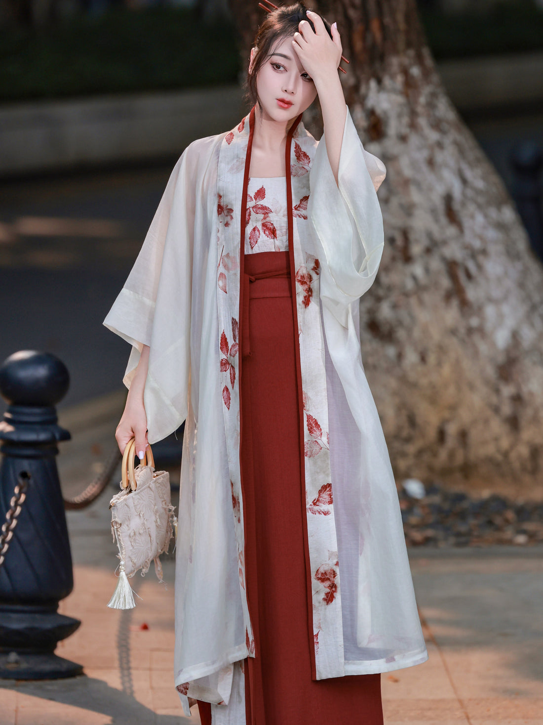 [Red Leaf] Dreamlike Orig. Song Hanfu Set - Changgan Temple-style Long Shirt & Darted Wrap Skirt, Modern Daily Bright Set