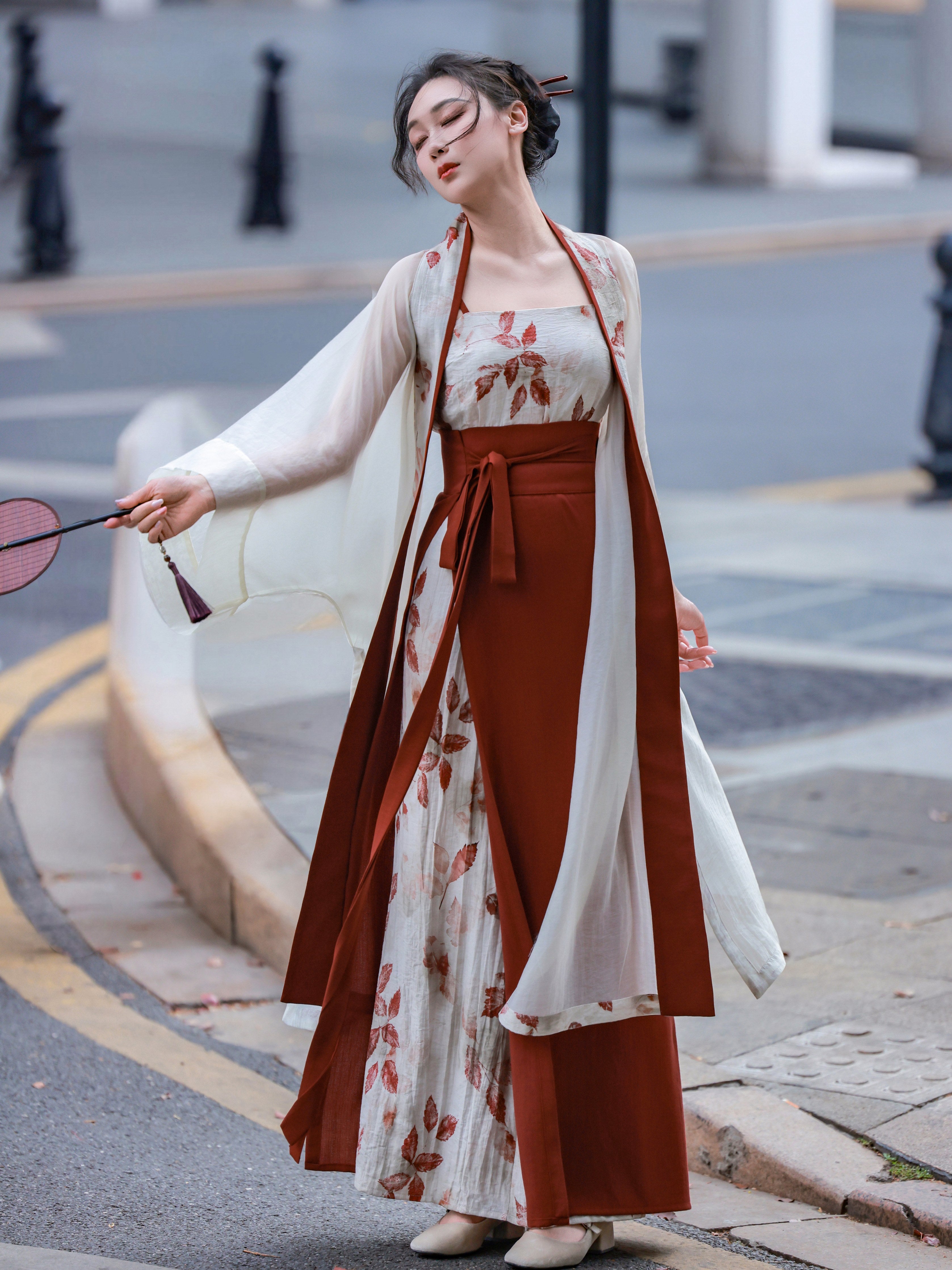 [Red Leaf] Dreamlike Orig. Song Hanfu Set - Changgan Temple-style Long Shirt & Darted Wrap Skirt, Modern Daily Bright Set