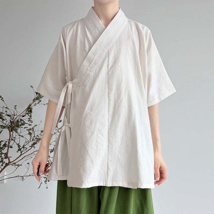 Ming-style Modified Cross-collar Hanfu Short Sleeve, Solid Cotton, Cool & Breathable, Daily Commute & Work
