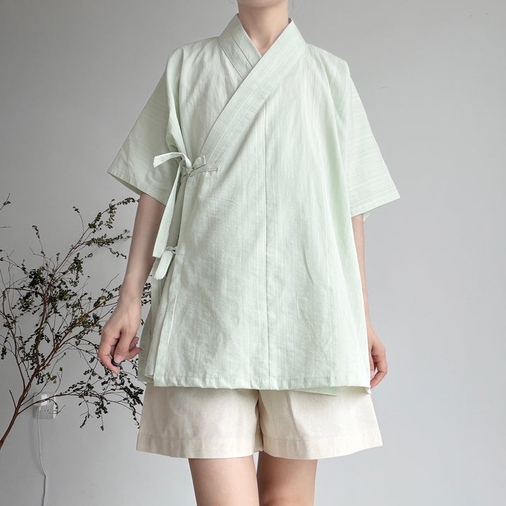 Ming-style Modified Cross-collar Hanfu Short Sleeve, Solid Cotton, Cool & Breathable, Daily Commute & Work