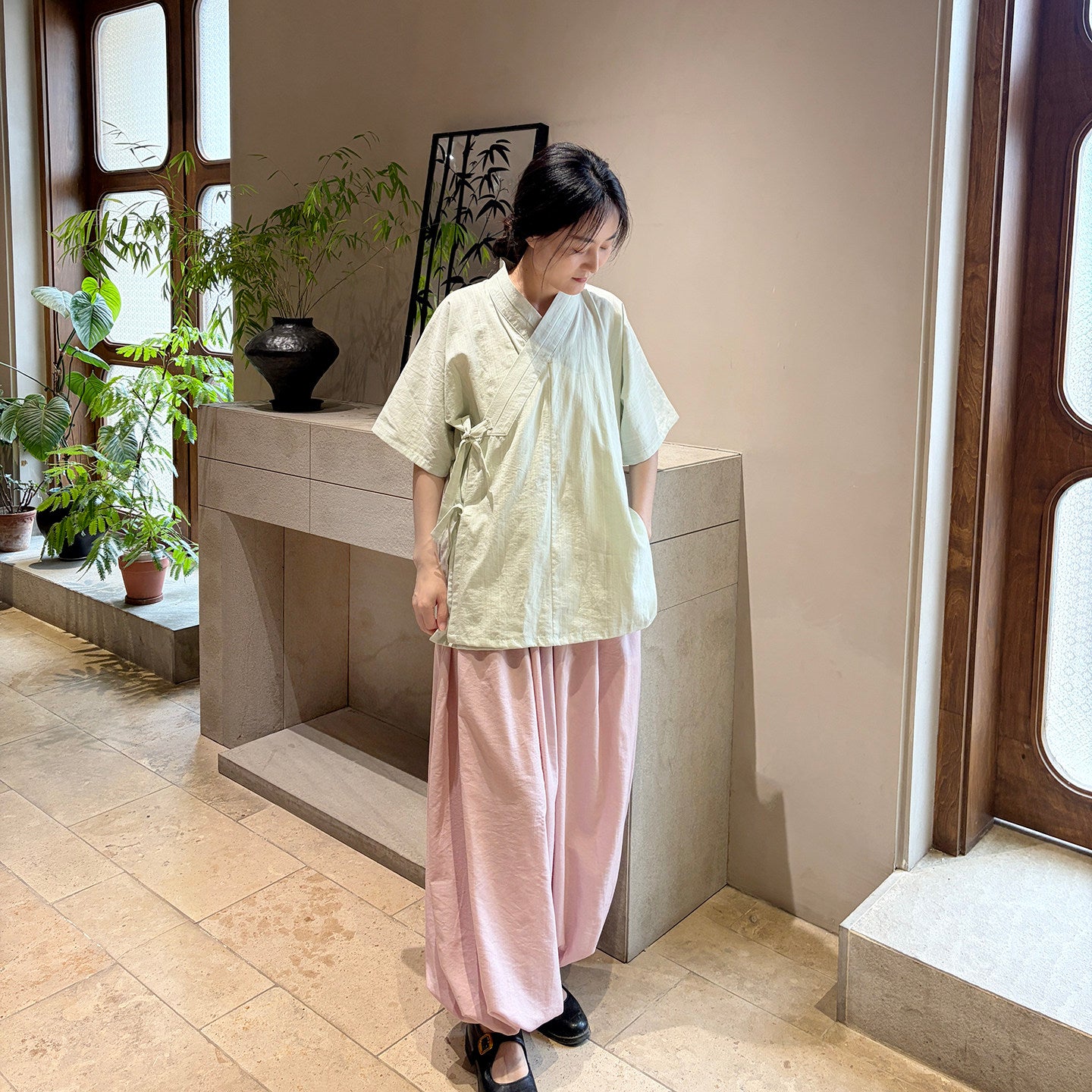 Ming-style Modified Cross-collar Hanfu Short Sleeve, Solid Cotton, Cool & Breathable, Daily Commute & Work