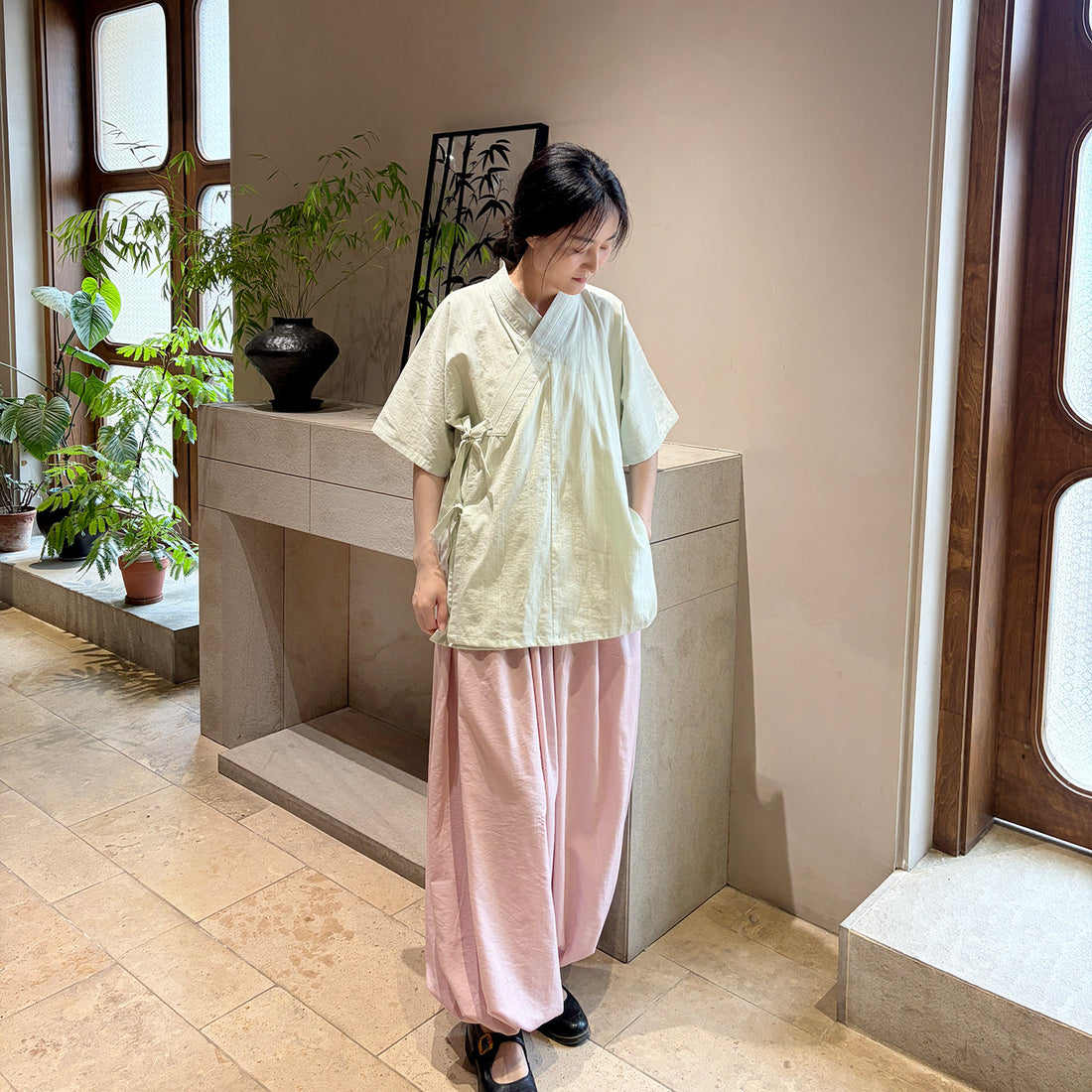 Ming-style Modified Cross-collar Hanfu Short Sleeve, Solid Cotton, Cool & Breathable, Daily Commute & Work