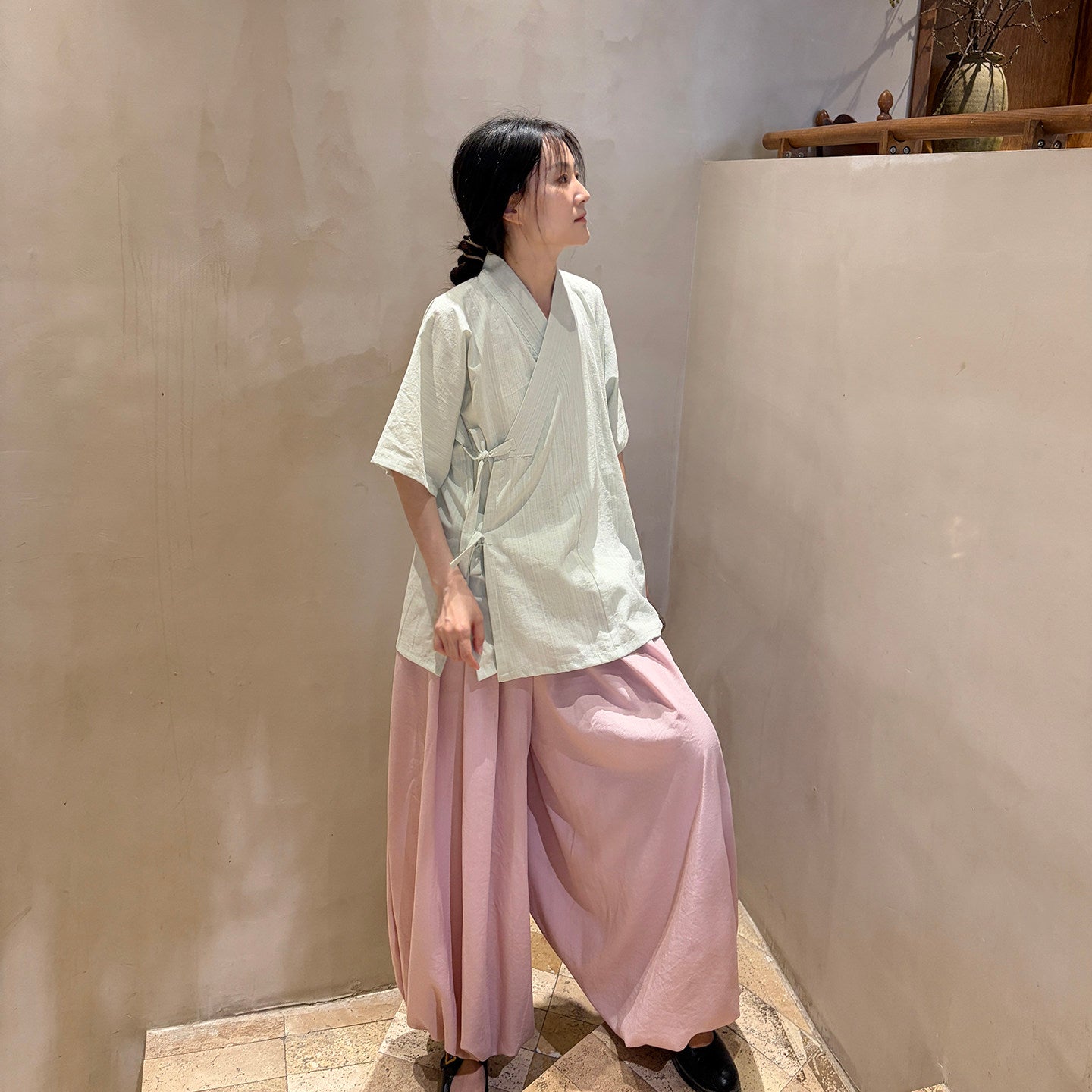 Ming-style Modified Cross-collar Hanfu Short Sleeve, Solid Cotton, Cool & Breathable, Daily Commute & Work