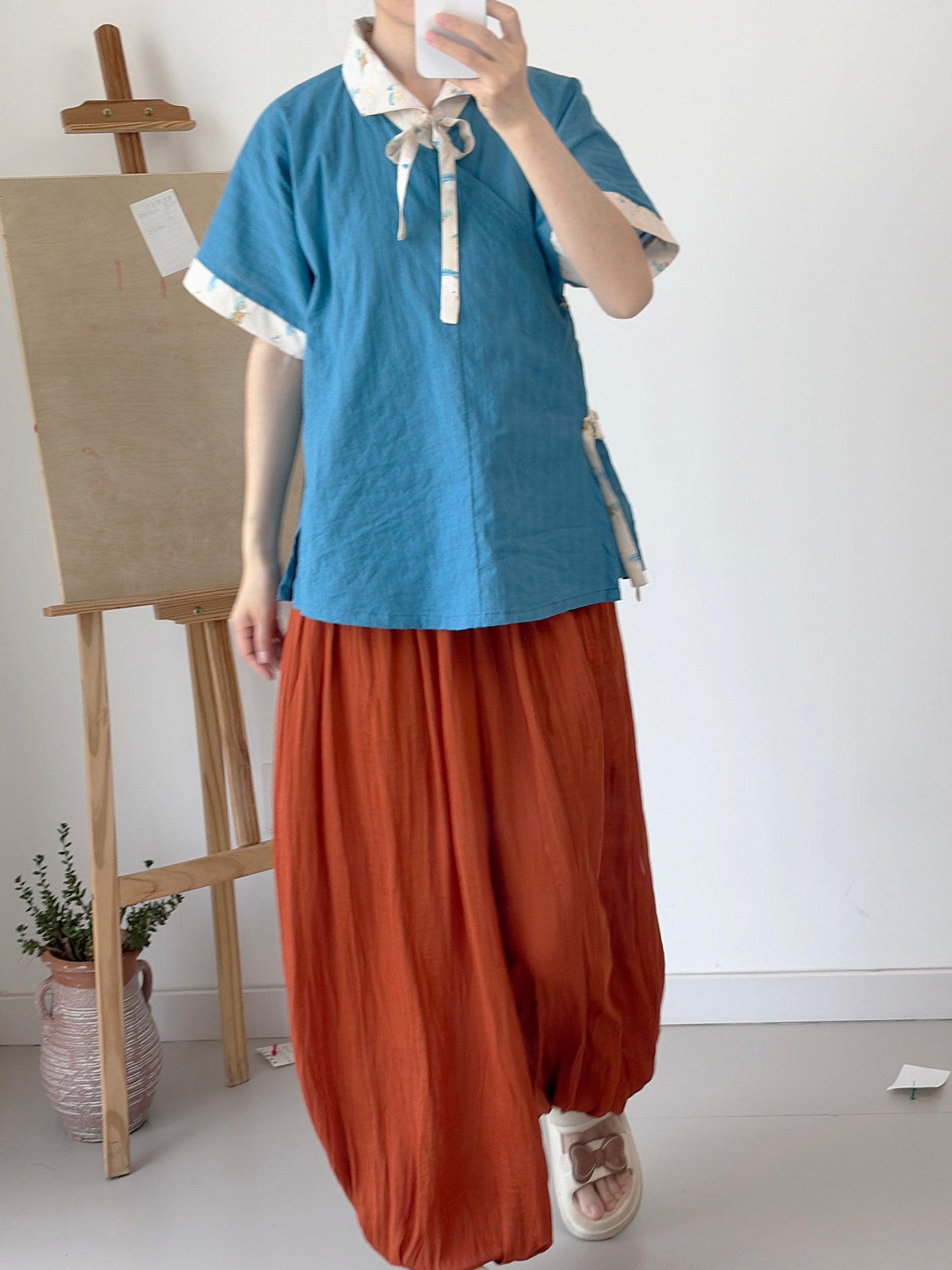 Dark Sleeve Fragrance [Green Pomelo Dye] Ming-style Modified Turn-down Collar Short Sleeve Hanfu Women Cotton Jacquard Breathable Daily Commute