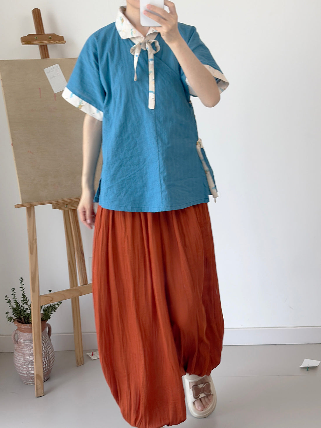Dark Sleeve Fragrance [Green Pomelo Dye] Ming-style Modified Turn-down Collar Short Sleeve Hanfu Women Cotton Jacquard Breathable Daily Commute