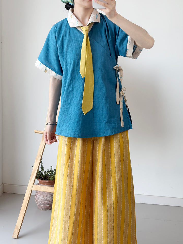 Dark Sleeve Fragrance [Green Pomelo Dye] Ming-style Modified Turn-down Collar Short Sleeve Hanfu Women Cotton Jacquard Breathable Daily Commute