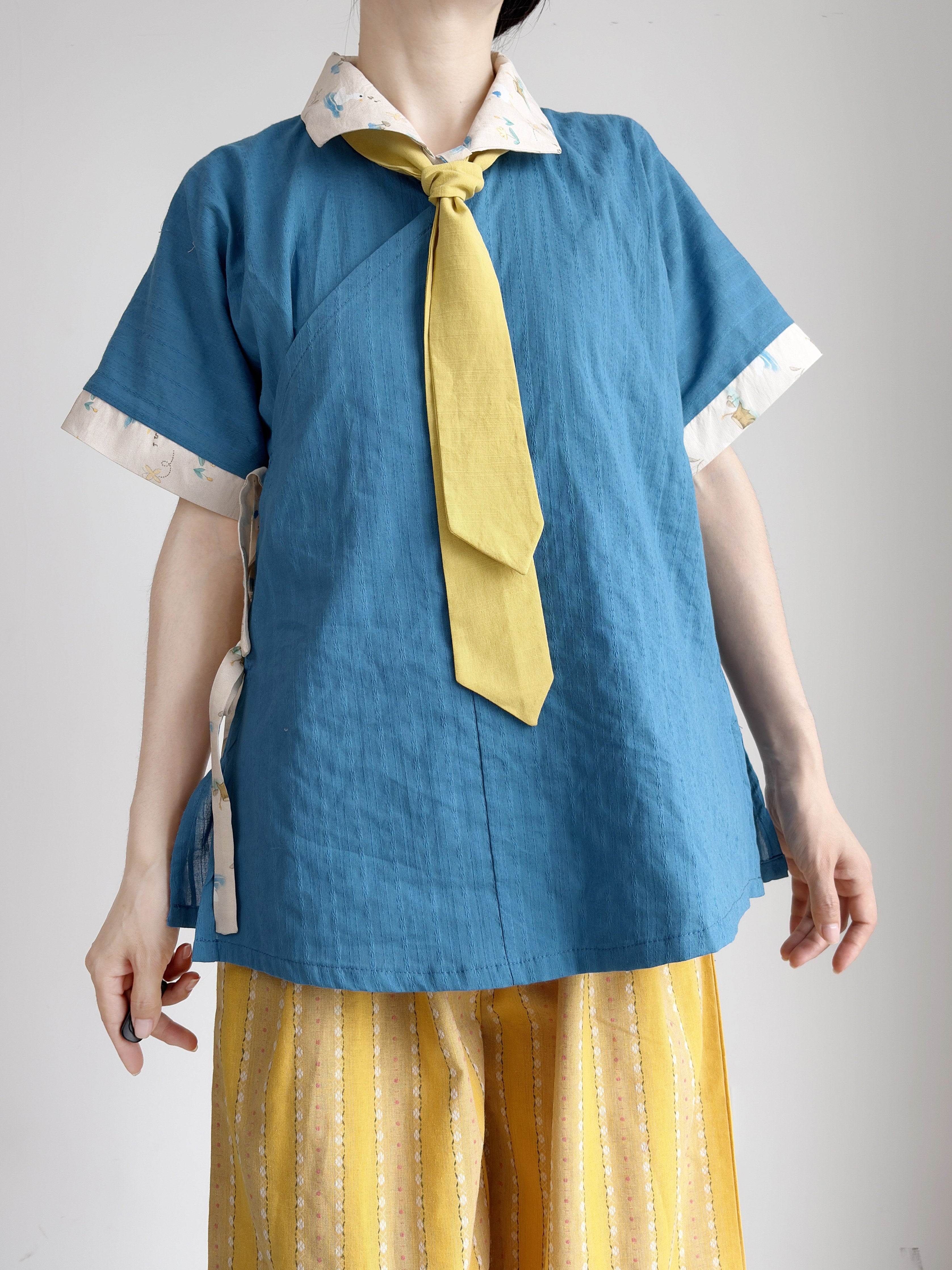 Dark Sleeve Fragrance [Green Pomelo Dye] Ming-style Modified Turn-down Collar Short Sleeve Hanfu Women Cotton Jacquard Breathable Daily Commute