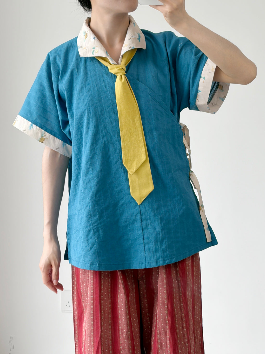 Dark Sleeve Fragrance [Green Pomelo Dye] Ming-style Modified Turn-down Collar Short Sleeve Hanfu Women Cotton Jacquard Breathable Daily Commute
