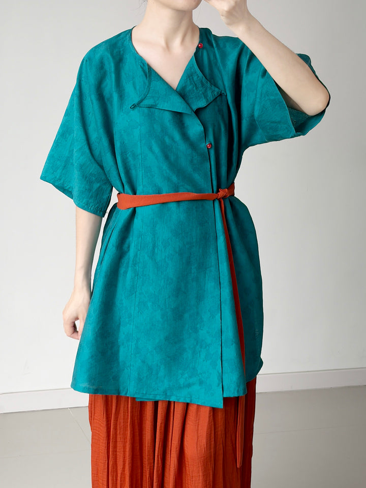 Dark Sleeve Fragrance [Blue Ting] Hanfu Women's Modified Tang Round Neck Short Sleeve Tencel Breathable Daily Commute