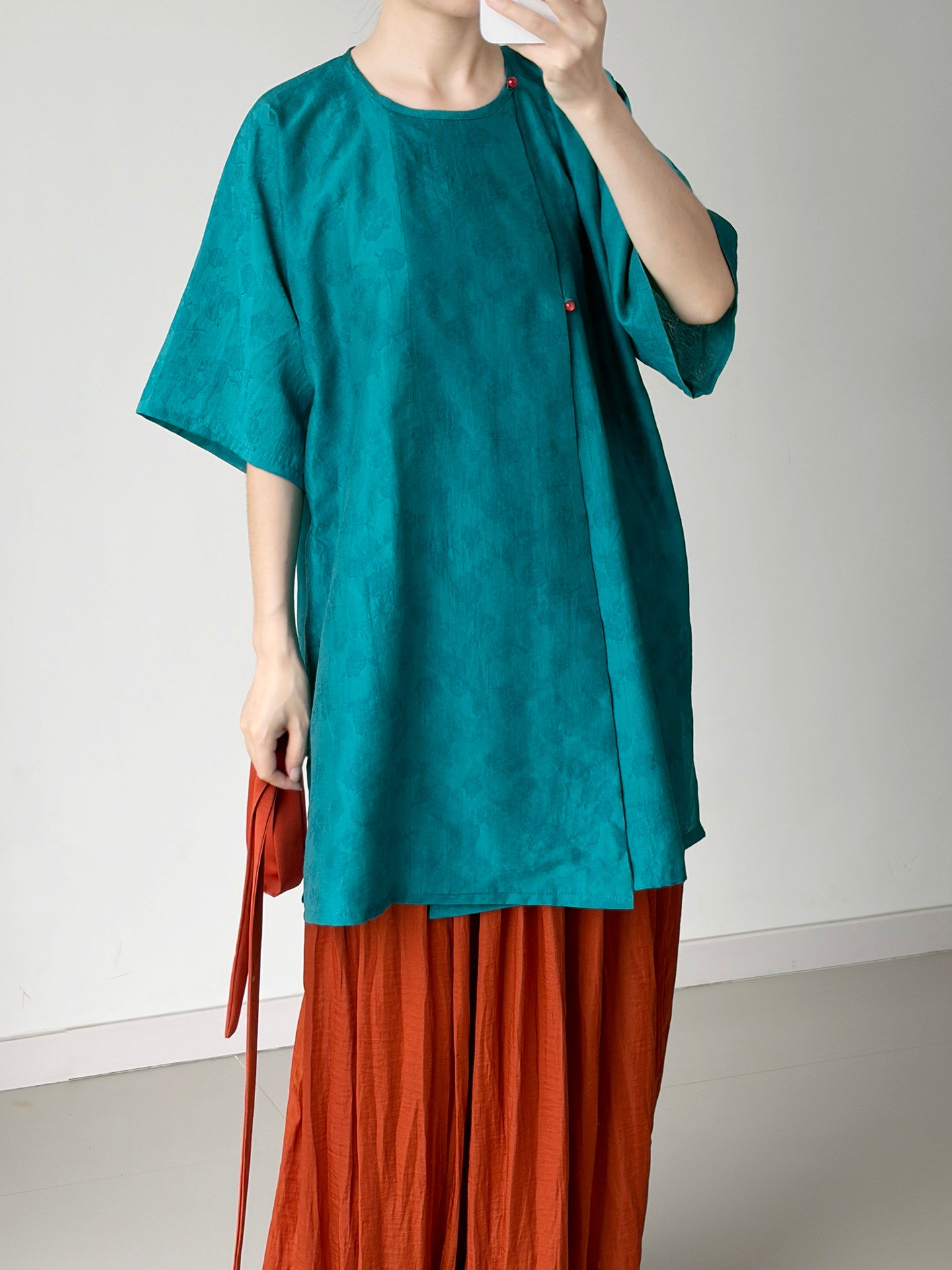 Dark Sleeve Fragrance [Blue Ting] Hanfu Women's Modified Tang Round Neck Short Sleeve Tencel Breathable Daily Commute
