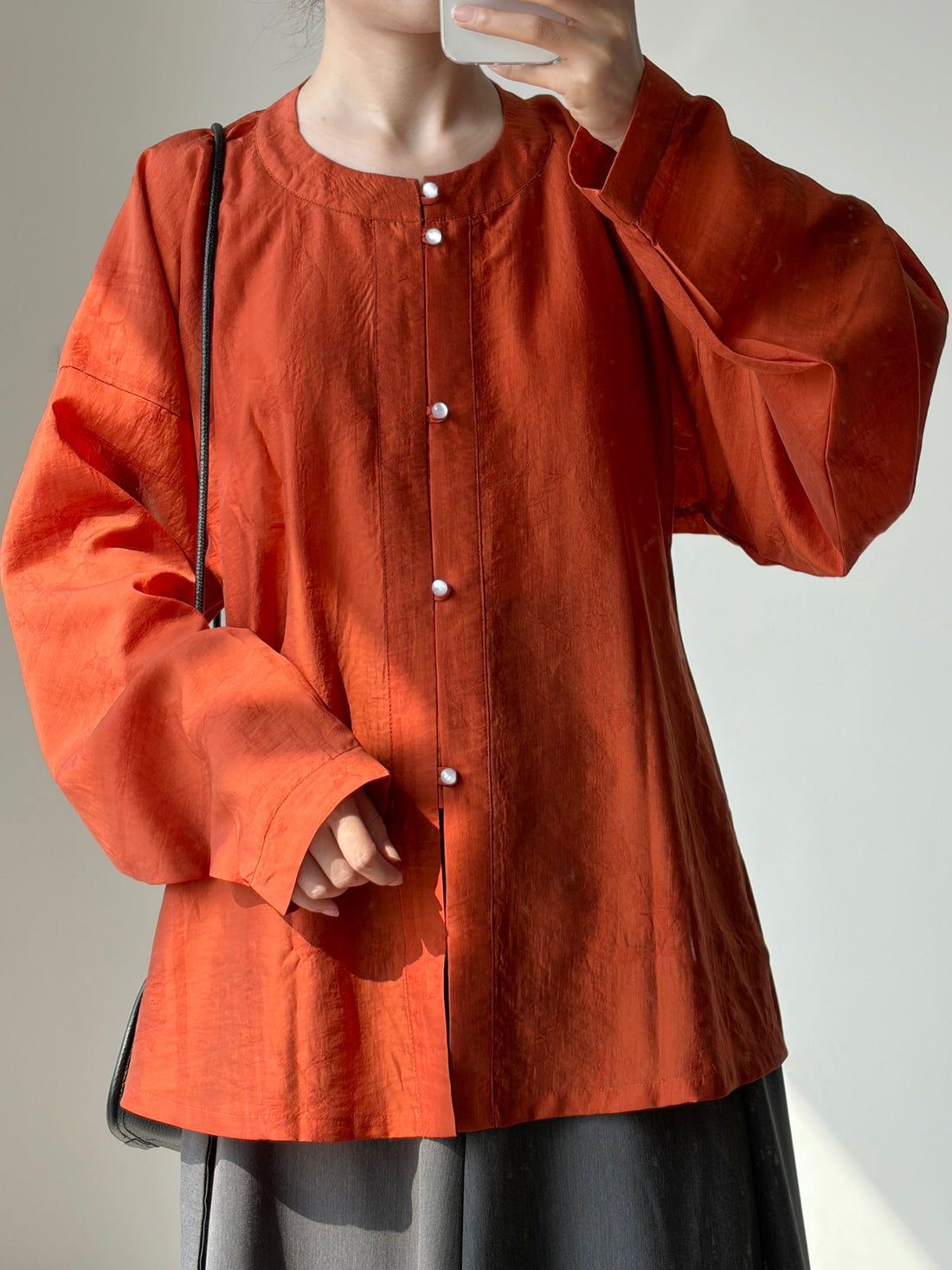 Dark Sleeve Fragrance【To Autumn】Hanfu Women's Tencel Round Neck, Front Open Bow Bag Sleeve Short Top w/ Pocket, Daily & Commute