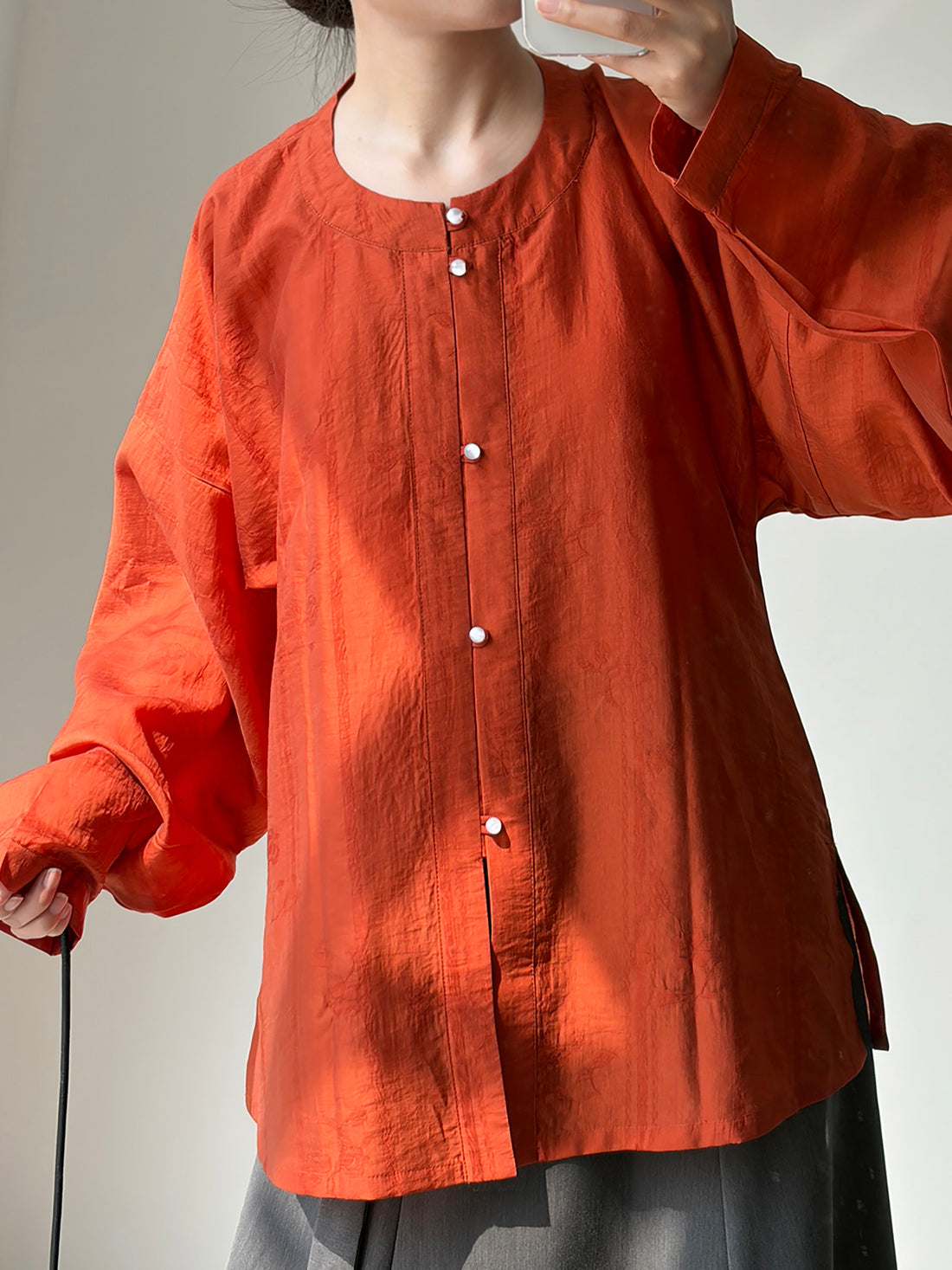 Dark Sleeve Fragrance【To Autumn】Hanfu Women's Tencel Round Neck, Front Open Bow Bag Sleeve Short Top w/ Pocket, Daily & Commute