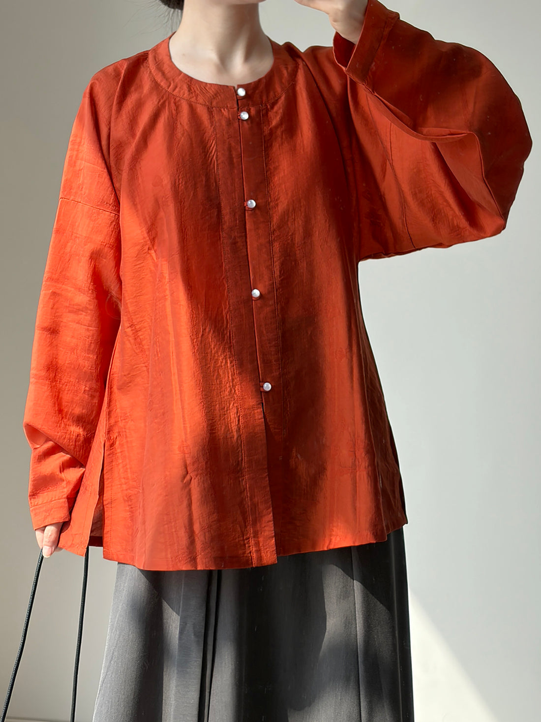 Dark Sleeve Fragrance【To Autumn】Hanfu Women's Tencel Round Neck, Front Open Bow Bag Sleeve Short Top w/ Pocket, Daily & Commute