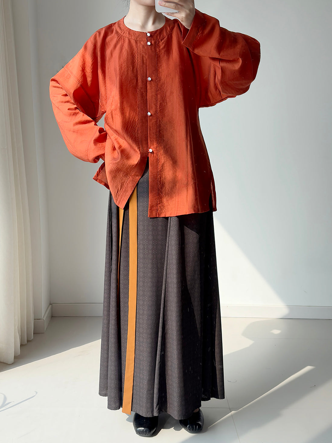 Dark Sleeve Fragrance【To Autumn】Hanfu Women's Tencel Round Neck, Front Open Bow Bag Sleeve Short Top w/ Pocket, Daily & Commute
