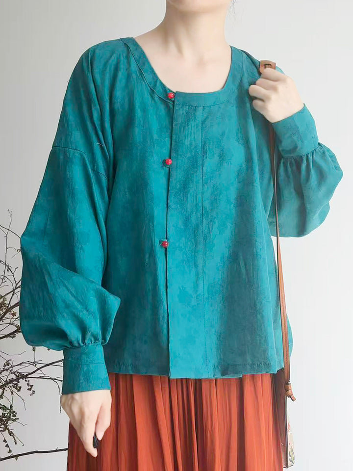 Dark Sleeve Fragrance [Dyed Pine Smoke] Hanfu Women's Modified Tang Tencel Round Neck Top w/ Dark Jacquard, Daily Commute
