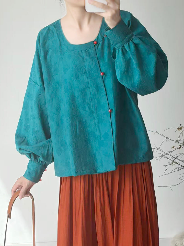 Dark Sleeve Fragrance [Dyed Pine Smoke] Hanfu Women's Modified Tang Tencel Round Neck Top w/ Dark Jacquard, Daily Commute