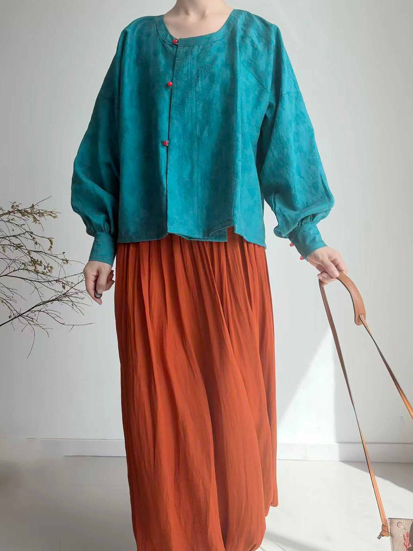 Dark Sleeve Fragrance [Dyed Pine Smoke] Hanfu Women's Modified Tang Tencel Round Neck Top w/ Dark Jacquard, Daily Commute