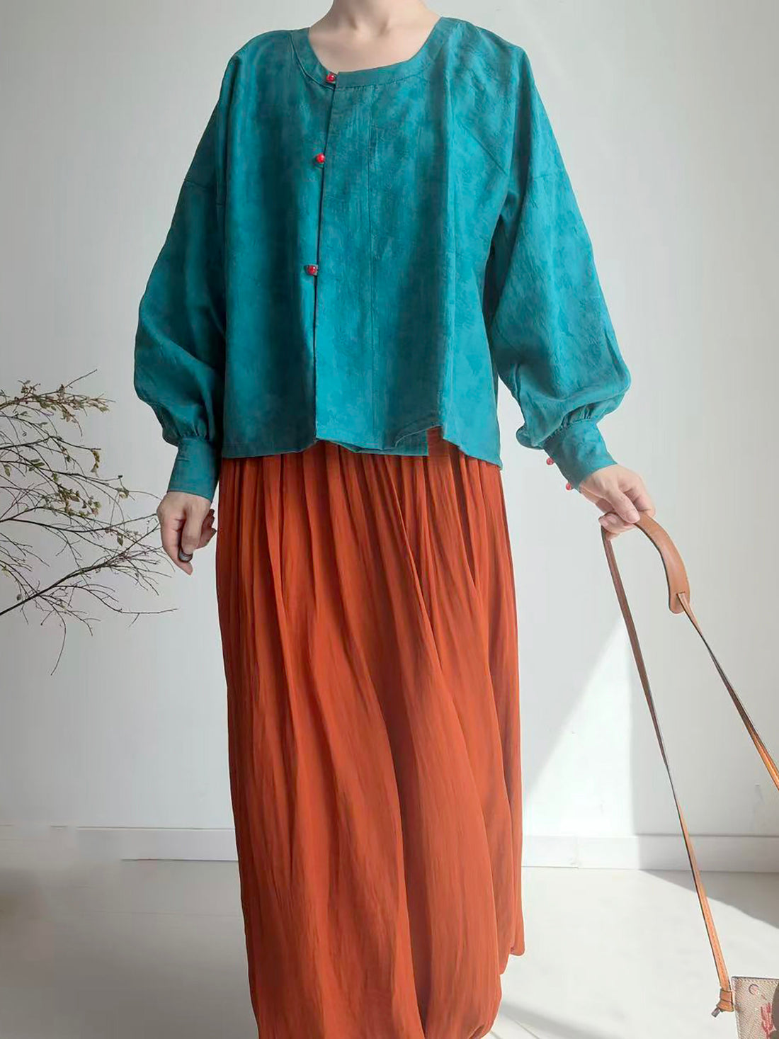 Dark Sleeve Fragrance [Dyed Pine Smoke] Hanfu Women's Modified Tang Tencel Round Neck Top w/ Dark Jacquard, Daily Commute