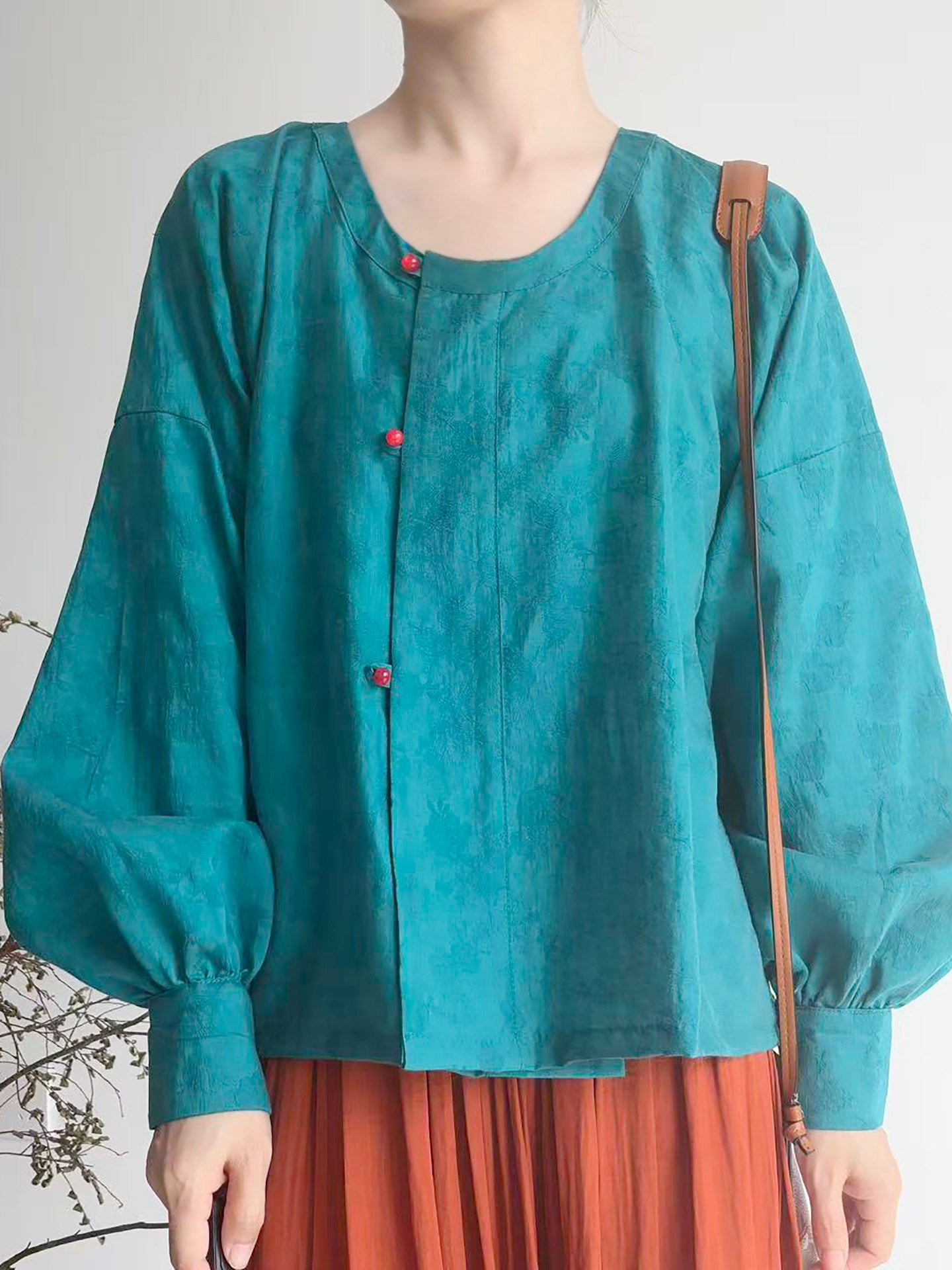 Dark Sleeve Fragrance [Dyed Pine Smoke] Hanfu Women's Modified Tang Tencel Round Neck Top w/ Dark Jacquard, Daily Commute