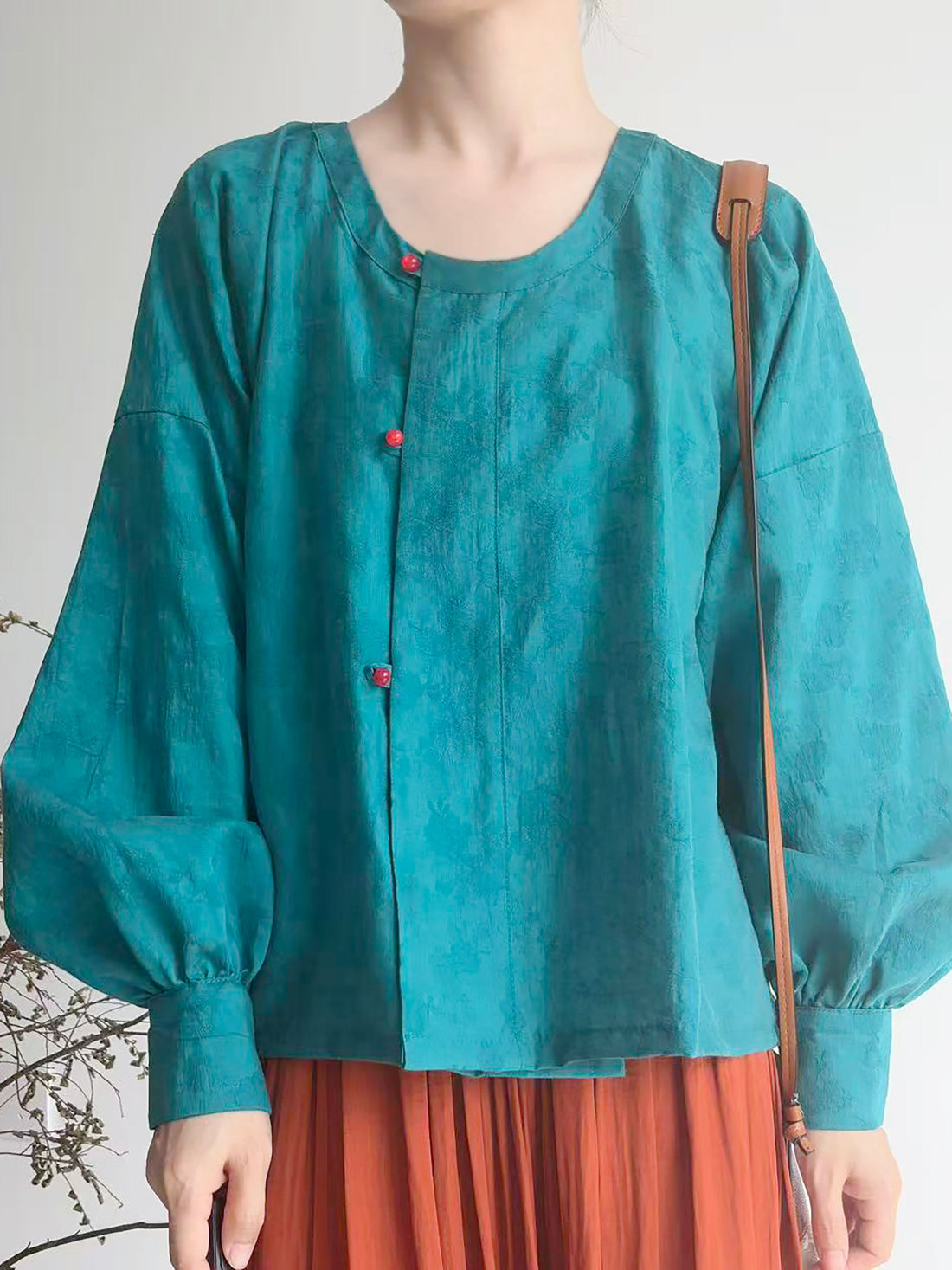 Dark Sleeve Fragrance [Dyed Pine Smoke] Hanfu Women's Modified Tang Tencel Round Neck Top w/ Dark Jacquard, Daily Commute