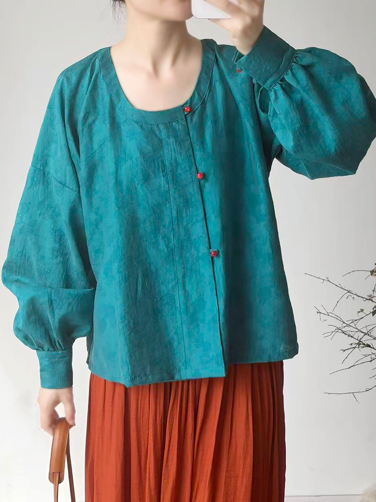 Dark Sleeve Fragrance [Dyed Pine Smoke] Hanfu Women's Modified Tang Tencel Round Neck Top w/ Dark Jacquard, Daily Commute