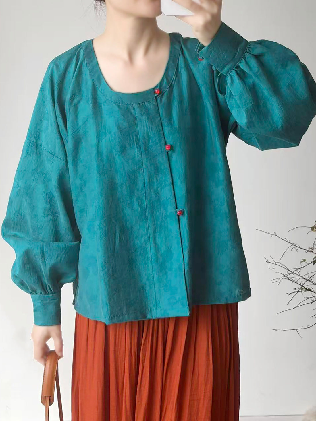 Dark Sleeve Fragrance [Dyed Pine Smoke] Hanfu Women's Modified Tang Tencel Round Neck Top w/ Dark Jacquard, Daily Commute