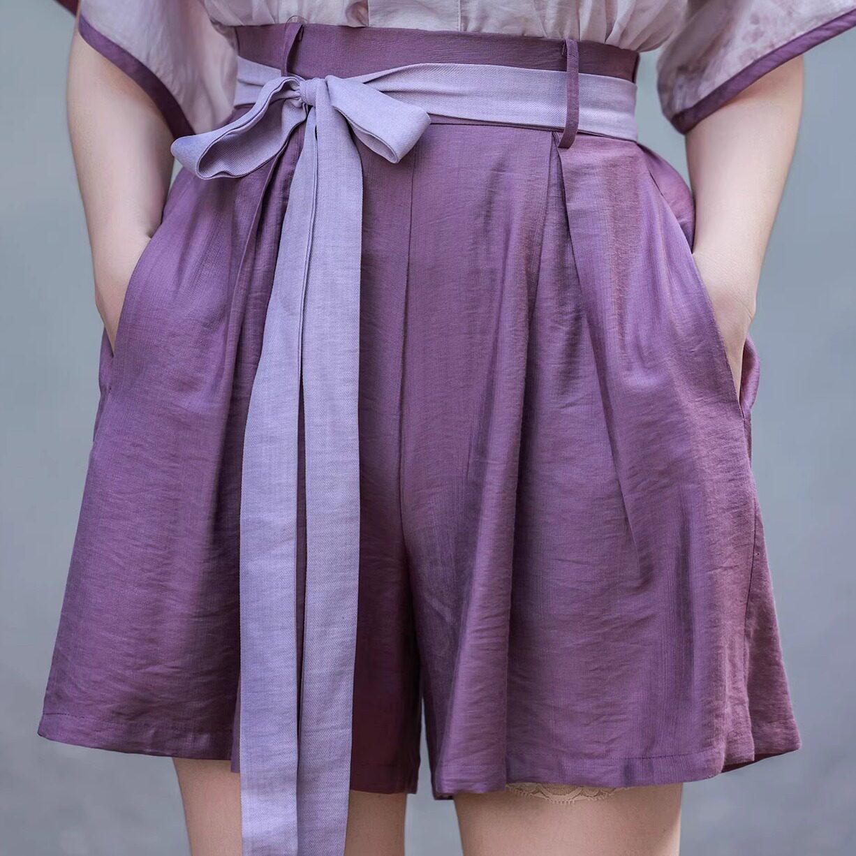 Dreamlike Wisteria Ice Slush Shorts - Chinese-style Elastic Waist Han-style, Daily Commute, Summer & Autumn