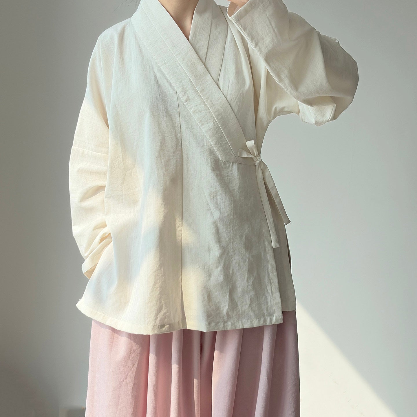 Dark Sleeve Fragrance Ming-style Cross-collar Hanfu Narrow-sleeve Short Top, Solid Cotton, Horizontal Collar, Long Sleeves, Daily Commute & Work